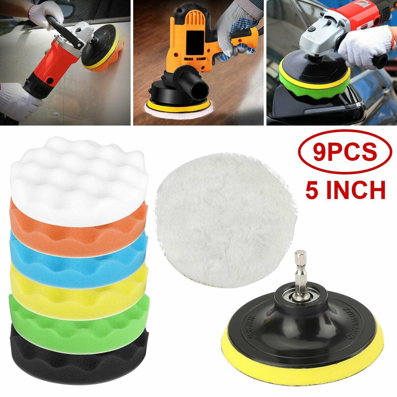 9PCS 5" Polishing Pads Sponge Buffer Buffing Foam Kit Set Car Polisher