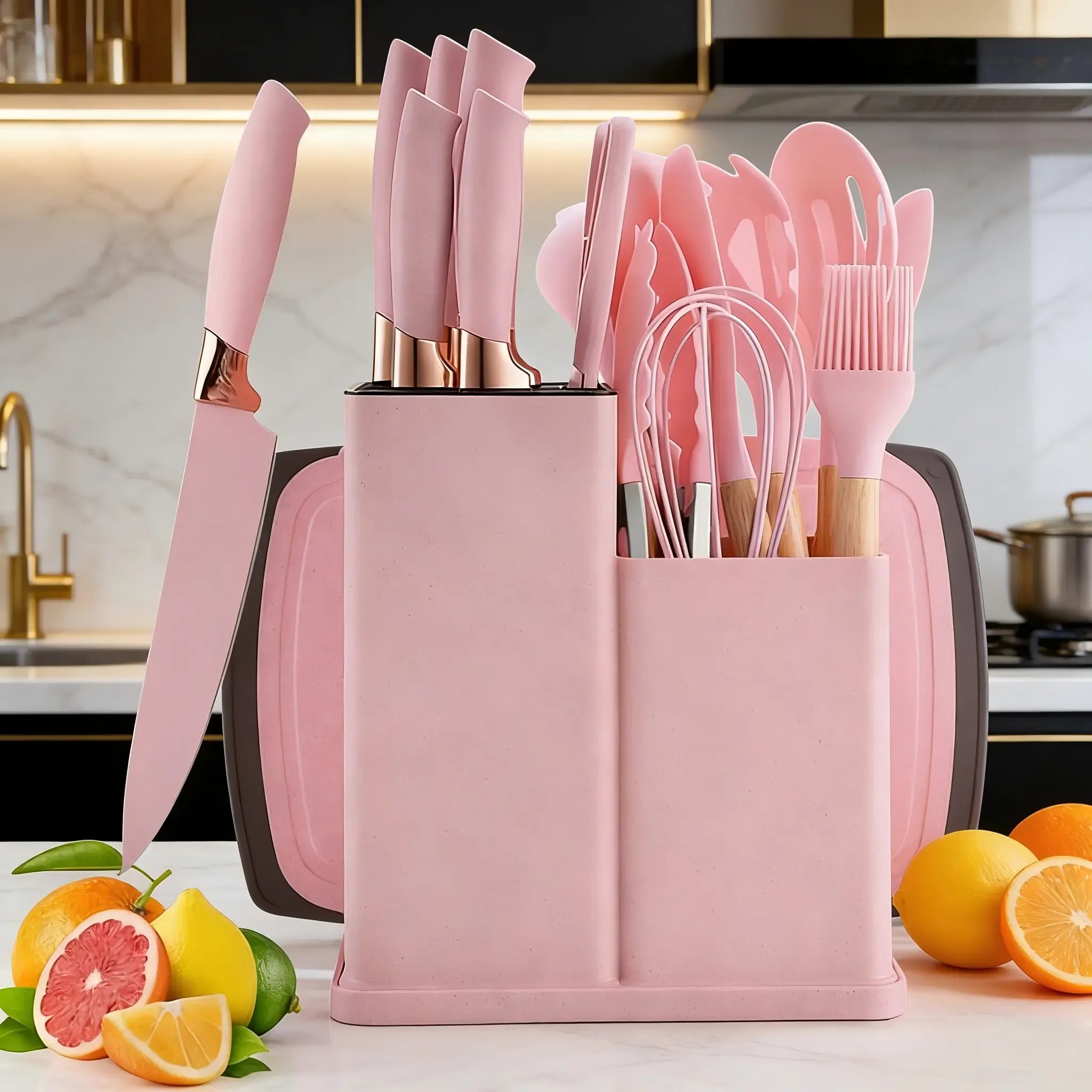 19 piece pink kitchen knife and utensil set
