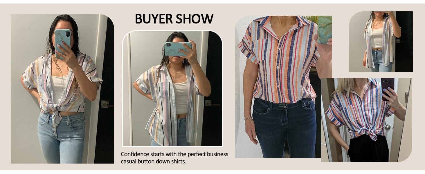 TANKANEO Women's Striped or Solid Business Casual Blouse, Cute Short Sleeve Collared V-Neck Button Down Top for Work, Shortsleeve