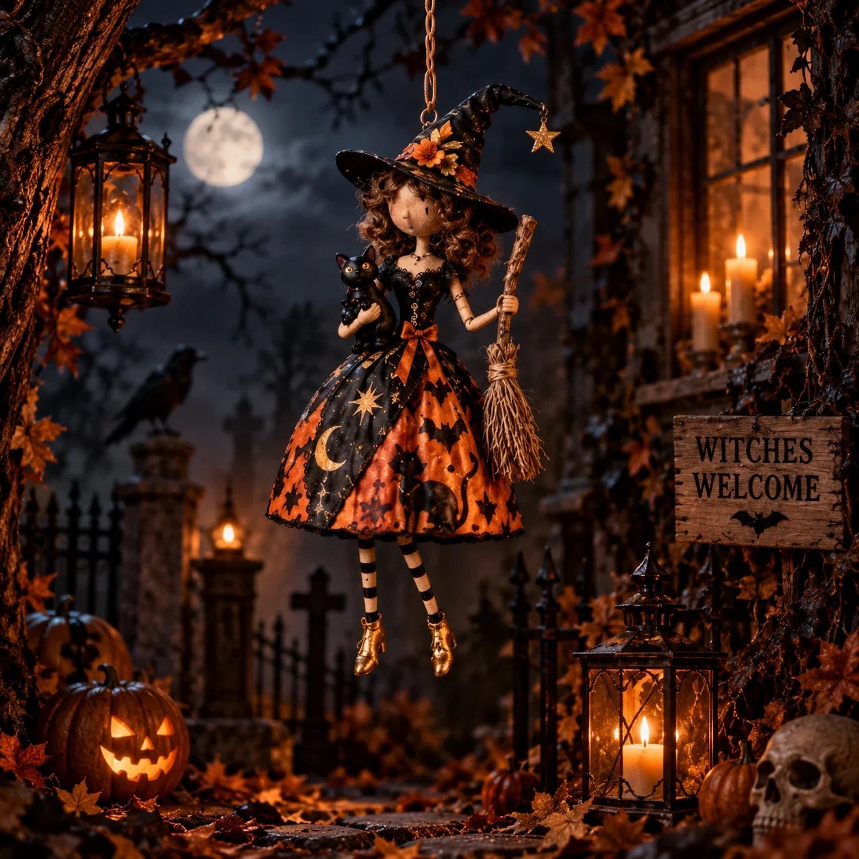 Witch Lady at night Halloween display