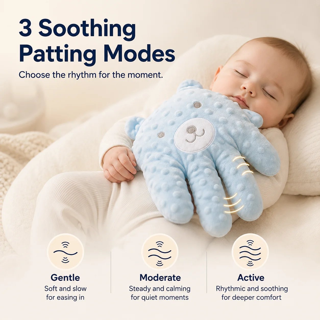 Baby resting peacefully with soothing hand gentle patting
