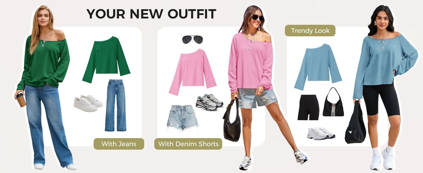 Fisoew Sports Summer Spring Women's Off-Shoulder Thin Sweatshirt/Tees, Wide Neckline Loose Pullover, Long Sleeve Y2k Fashion Loose Fit Top, SpringStatements Jeans