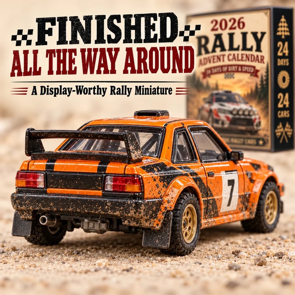 Orange rally car miniature shown from the rear