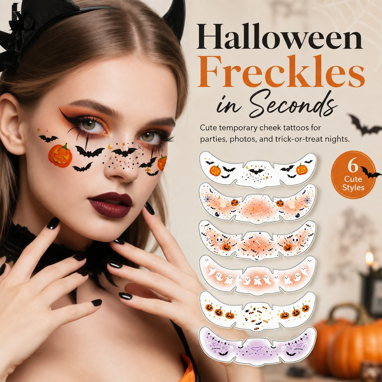 Halloween freckle temporary face tattoos with pumpkin and bat designs
