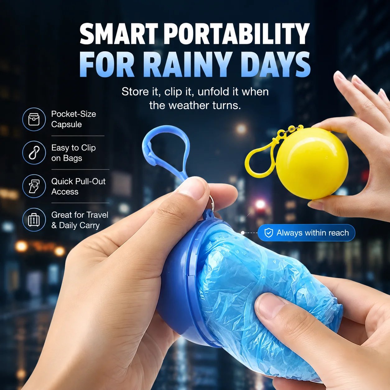Portable compact raincoat in small storage capsule