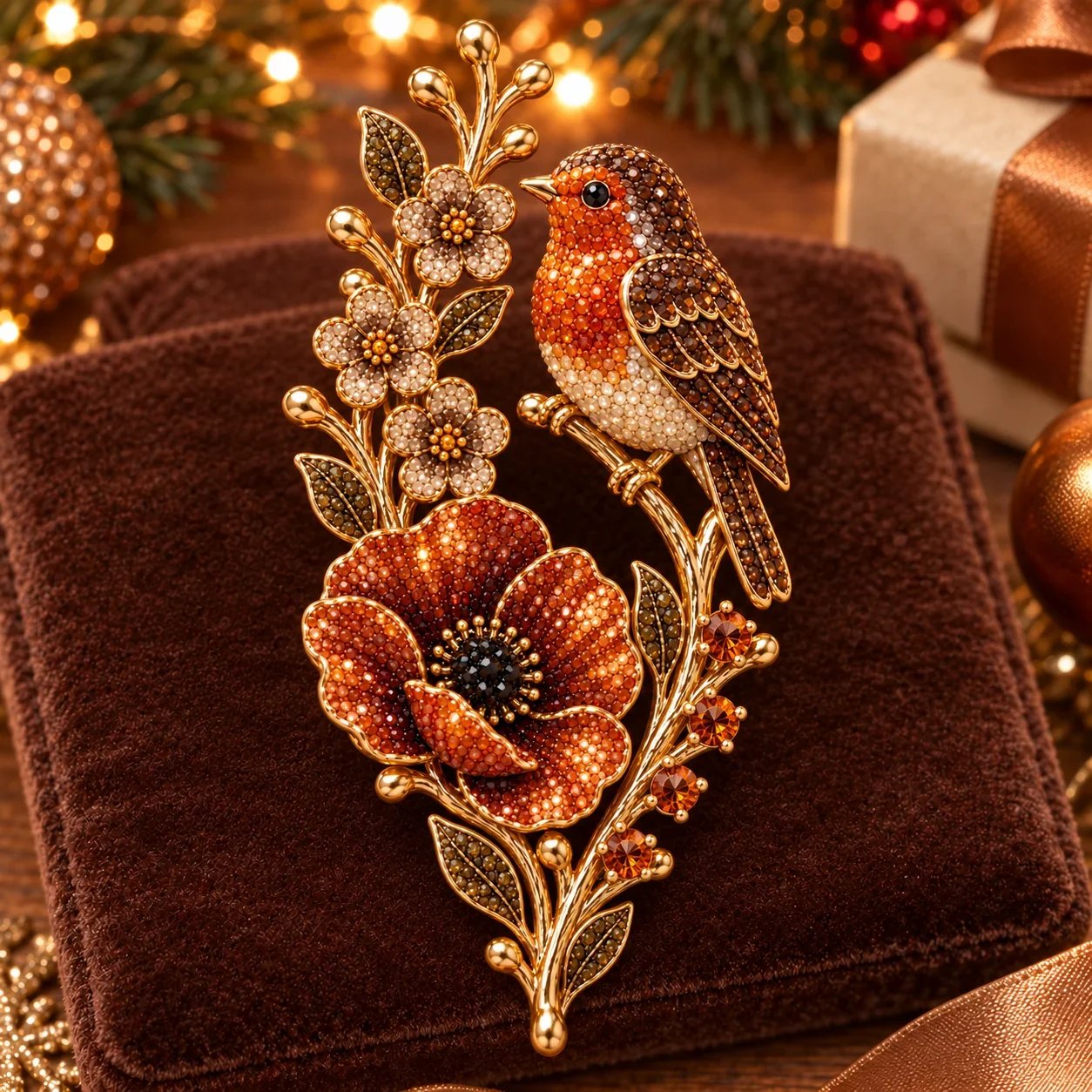 Close studio view of the robin and poppy brooch on a brown velvet pad