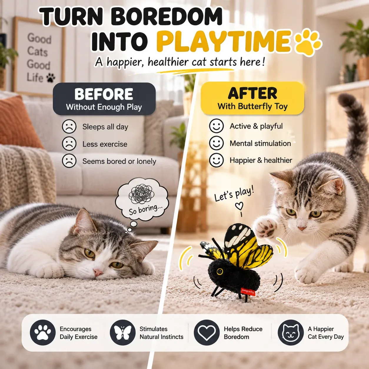 Cat resting before play and actively chasing an interactive butterfly toy