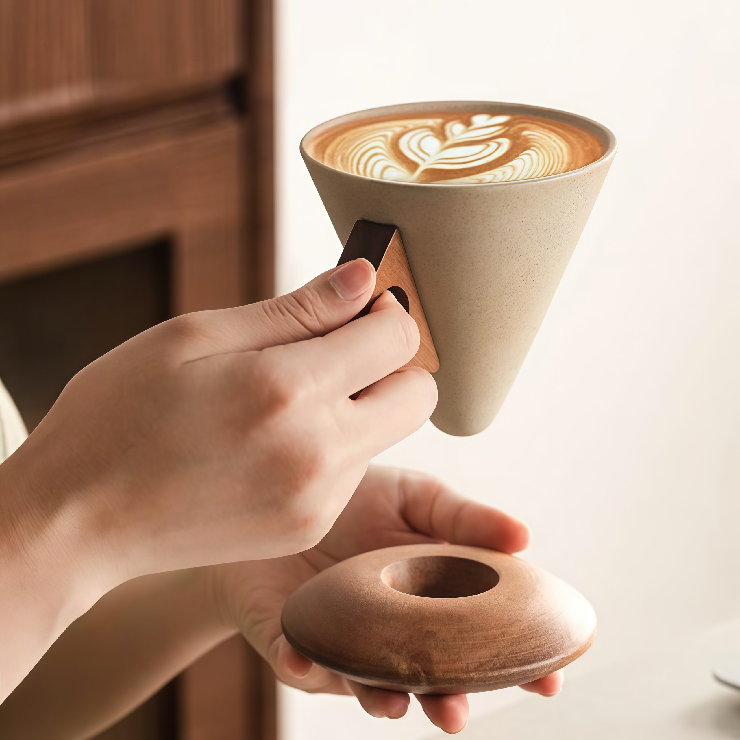 Hand holding the unique ceramic coffee cup