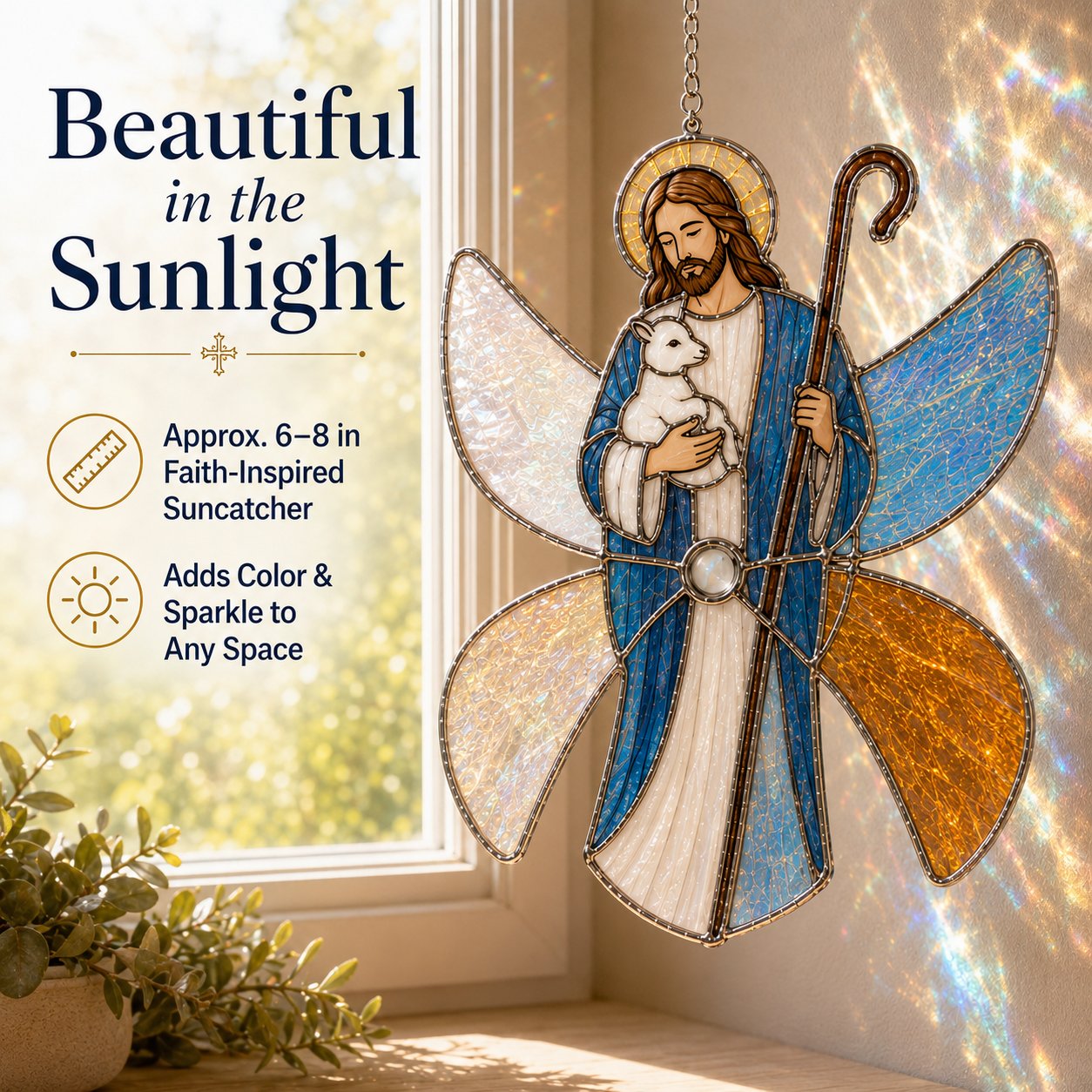 Good Shepherd Christian iridescent suncatcher displayed in sunlight