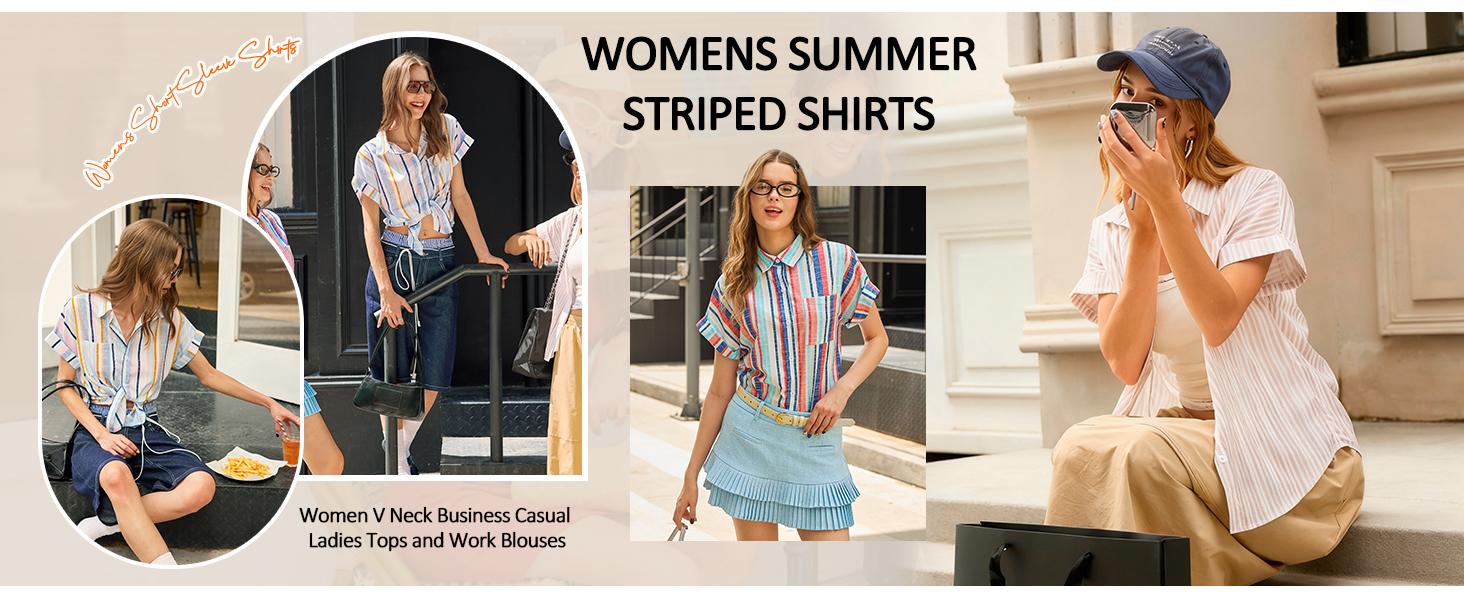 TANKANEO Women's Striped or Solid Business Casual Blouse, Cute Short Sleeve Collared V-Neck Button Down Top for Work, Shortsleeve