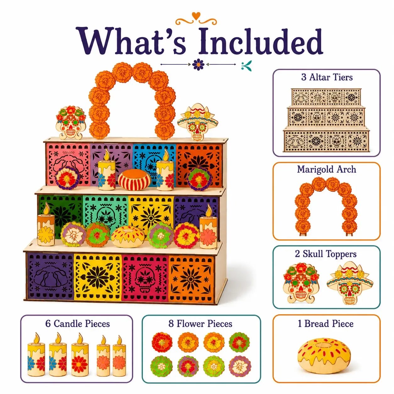 Finished colorful Day of the Dead altar decoration