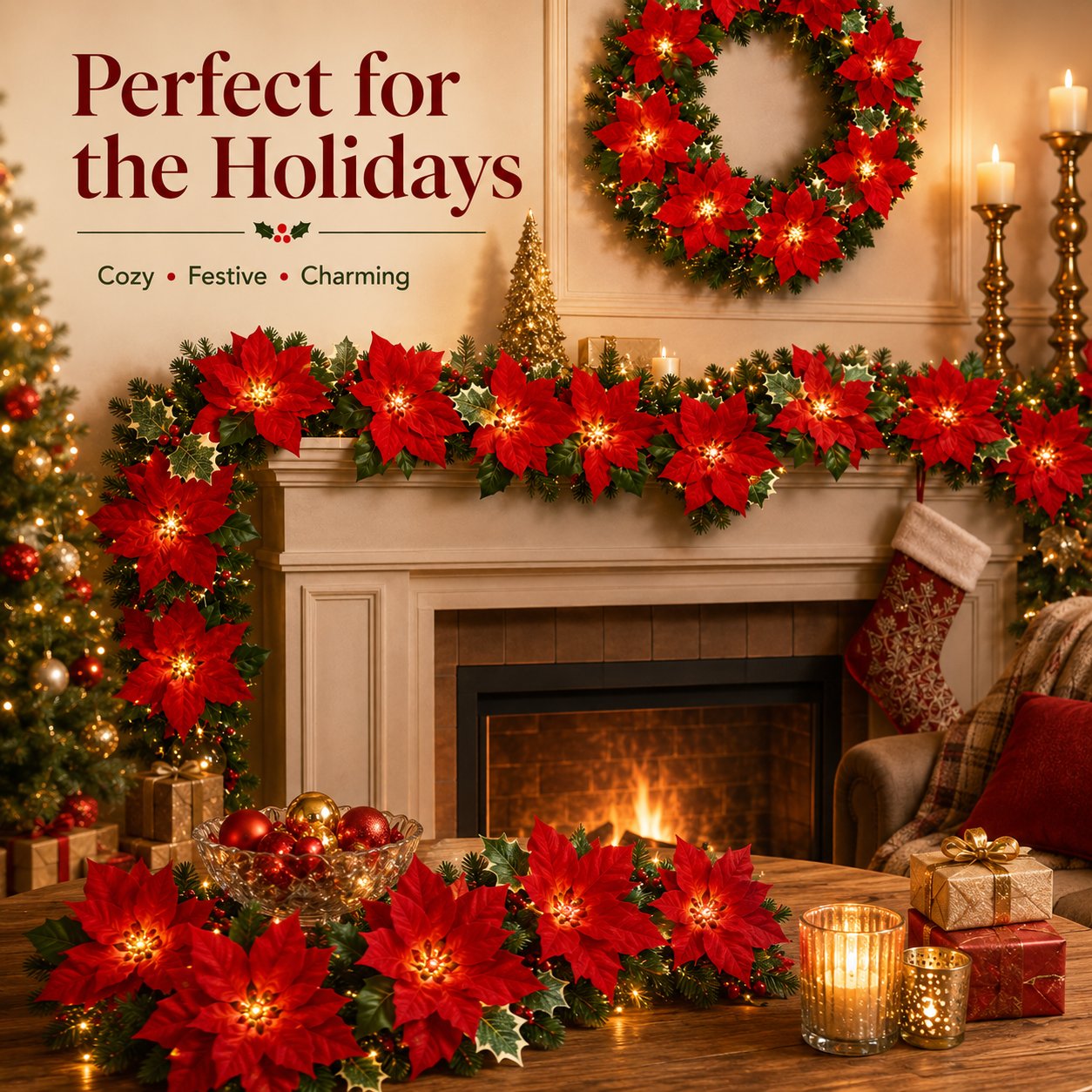 Red berries and green leaves on poinsettia garland