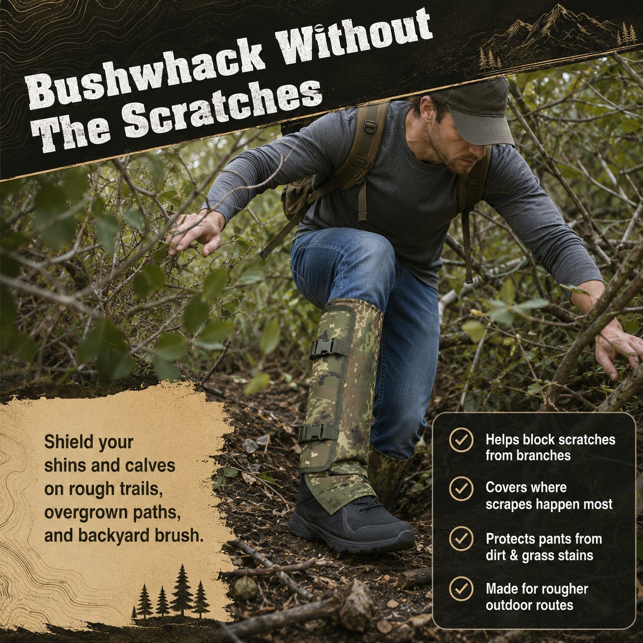 Gaiters protecting legs from brush