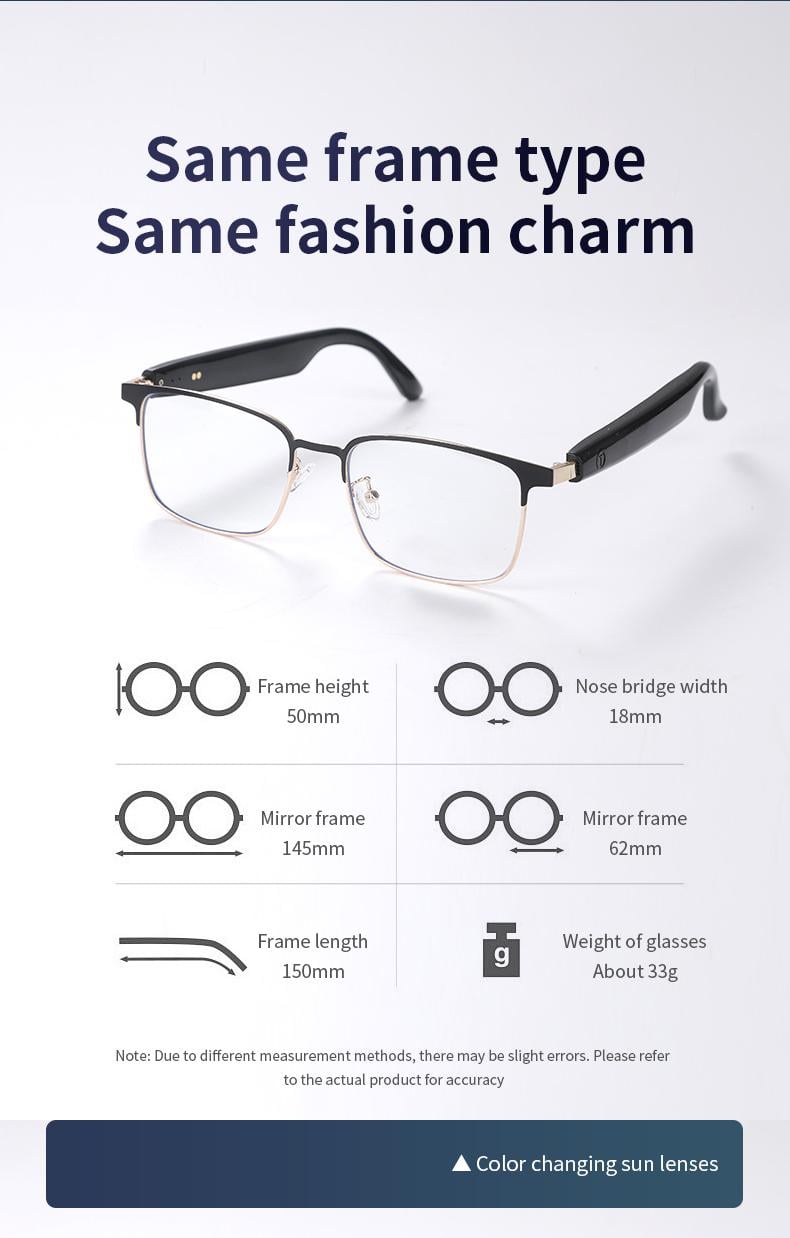 Product Introduction of Bluetooth audio smart glasses with photochromic lenses that darken in sunlight, metal frame, surround sound and microphone 36