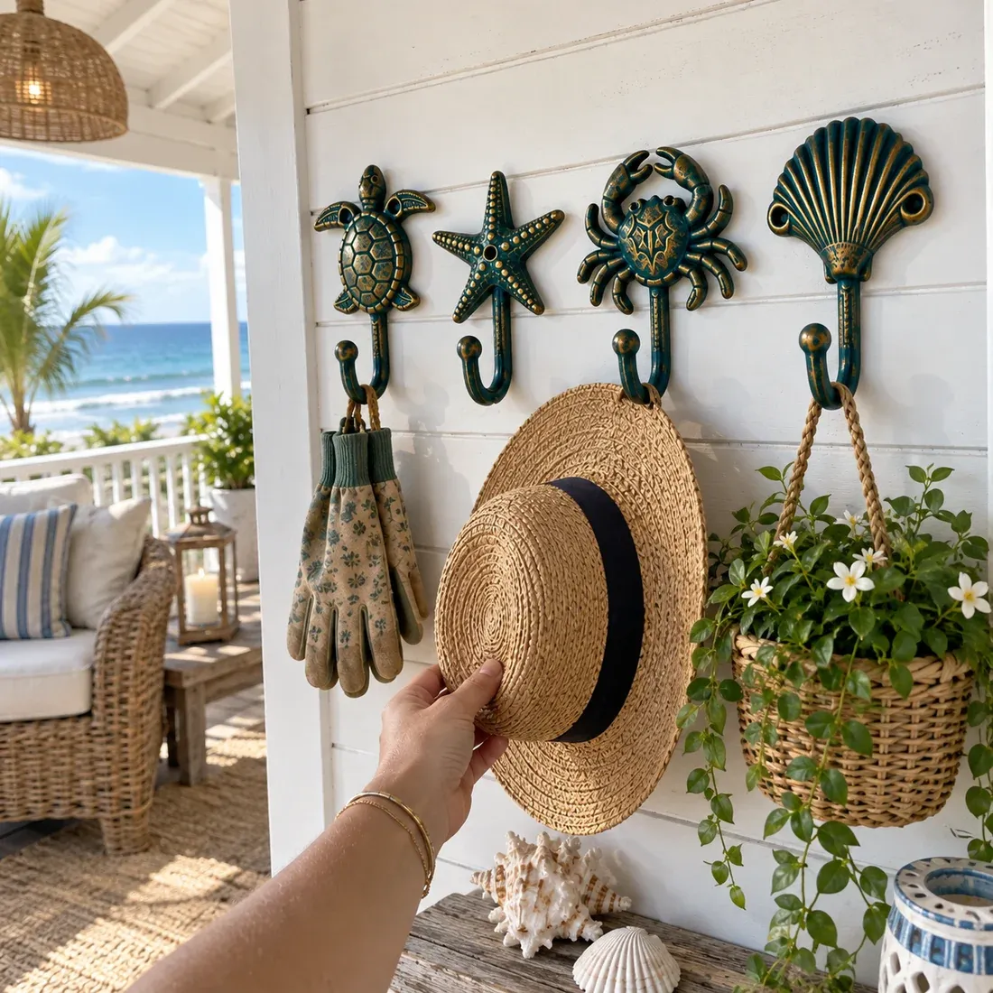 Coastal hooks arranged in a home setting