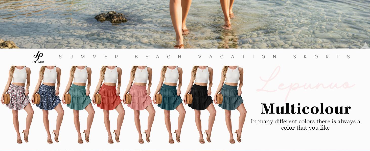 Lepunuo Women's Boho Floral Skorts, Flowy Tiered Ruffle Elastic-Waist Bottoms with Built-in Shorts and Pockets, Casual Style Lepunuo Women's Boho Floral Skorts, Flowy Tiered Ruffle Elastic-Waist Bottoms with Built-in Shorts and Pockets, Casual Style