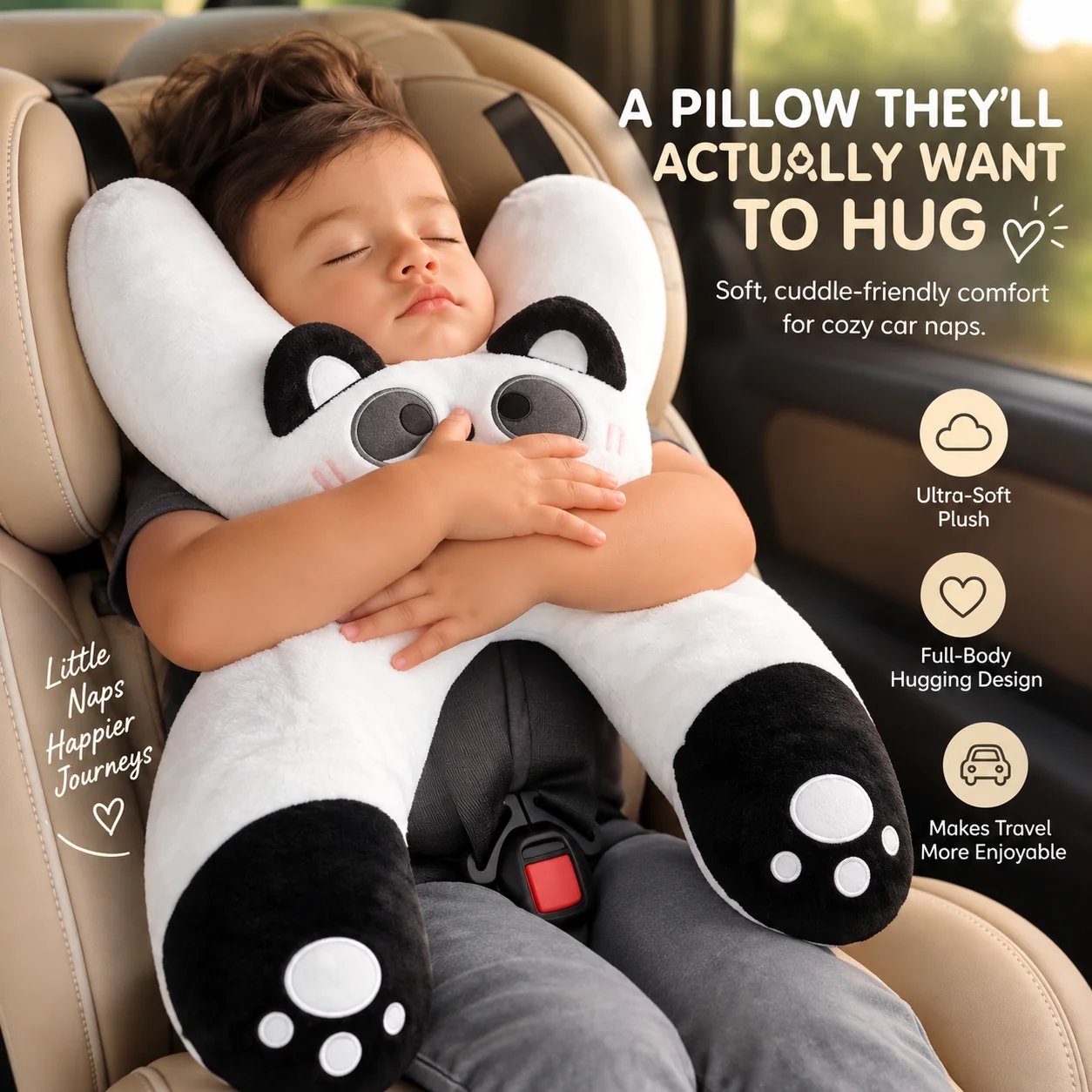 Child hugging panda full-body travel pillow during car nap