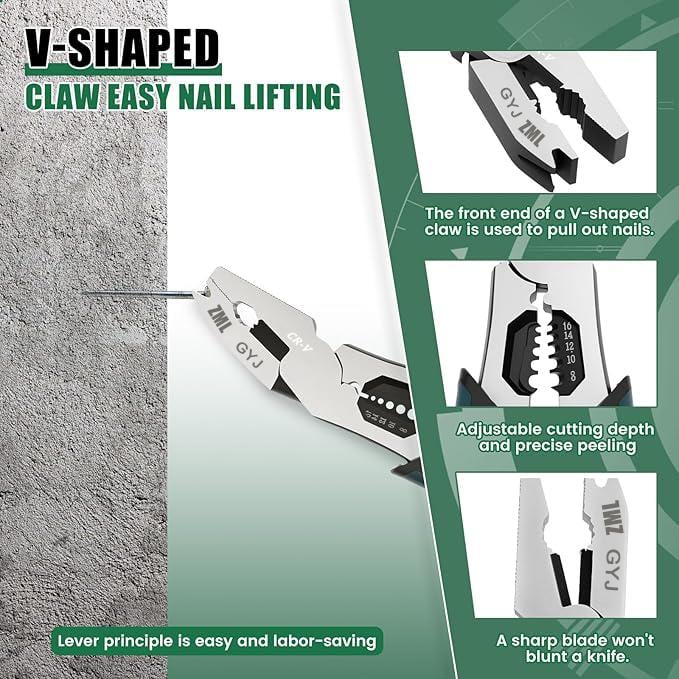 ZML 6-in-1 Multi-Function Wire Stripper Pliers CR-V Steel Diagonal Cutters for Nails Electrical Cables Special Tools with Adjustable Cutting Depth and Sharp Blades - Hardware