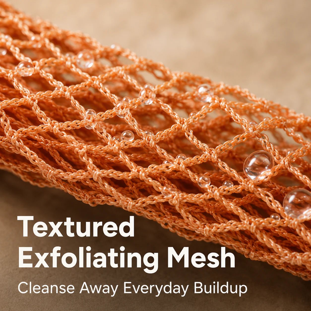 Close-up textured open-weave exfoliating mesh