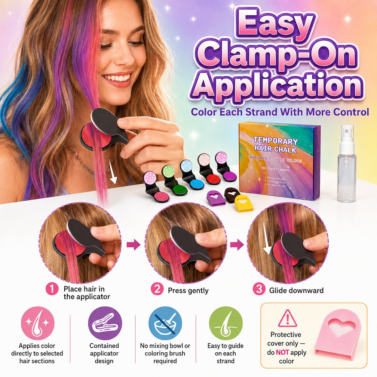 Clamp on temporary hair chalk application Clamp on temporary hair chalk application
