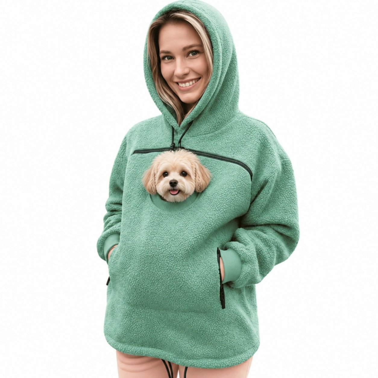 Fleece hoodie with a front pet pouch holding a small dog
