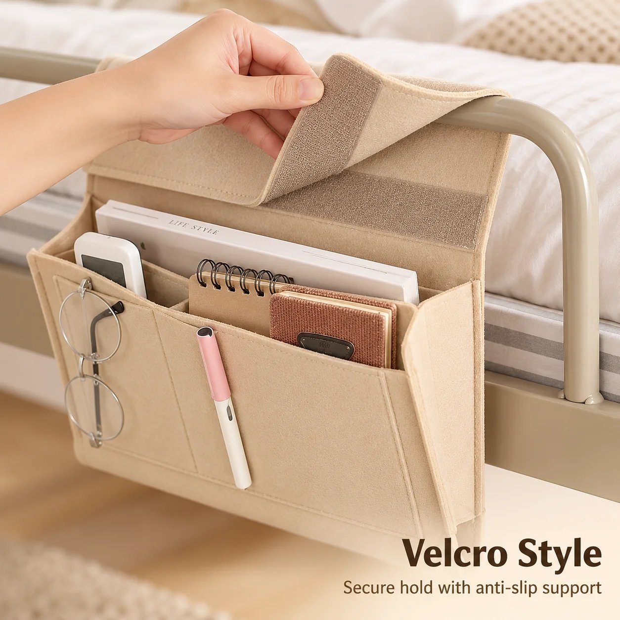 Wide tuck-in flap with hook and loop closure securing under mattress