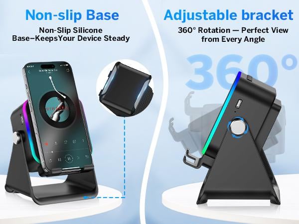 Wireless Induction Audio Speaker Stand, 5in1 Cellphone Holder, 3500mAh Rechargeable Emergency Power Bank,360° Adjustable Mobile Tablet Stand with Colorful Ambient Light Gifts for Men Women Wireless Induction Audio Speaker Stand, 5in1 Cellphone Holder, 3500mAh Rechargeable Emergency Power Bank,360° Adjustable Mobile Tablet Stand with Colorful Ambient Light Gifts for Men Women