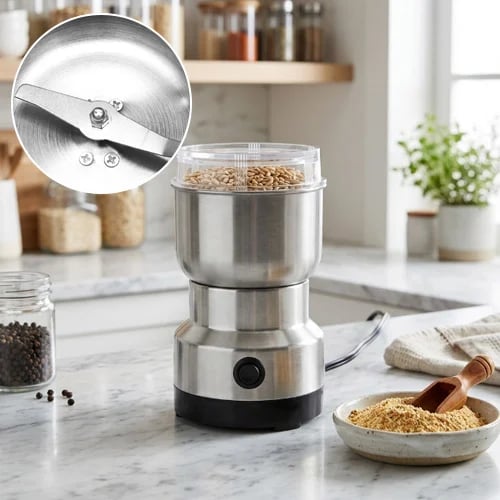 All-in-one dry ingredient grinder for coffee beans grains rice oats seeds and spices