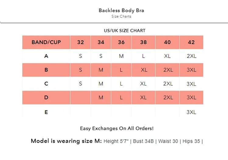 Backless Body Bra Size Chart – Peachy Shapewear