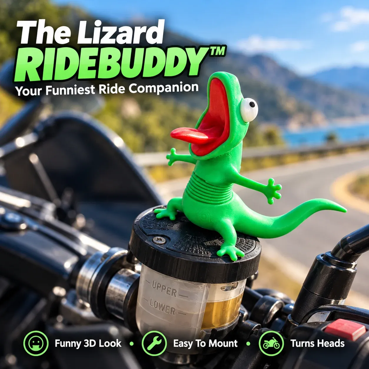 Bright green Lizard RIDEBUDDY with a playful expression