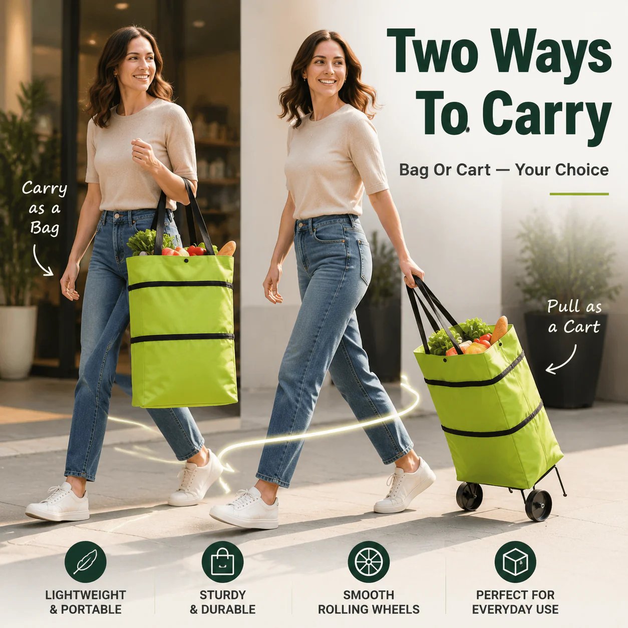 Close-up of smooth rolling wheels on shopping cart bag