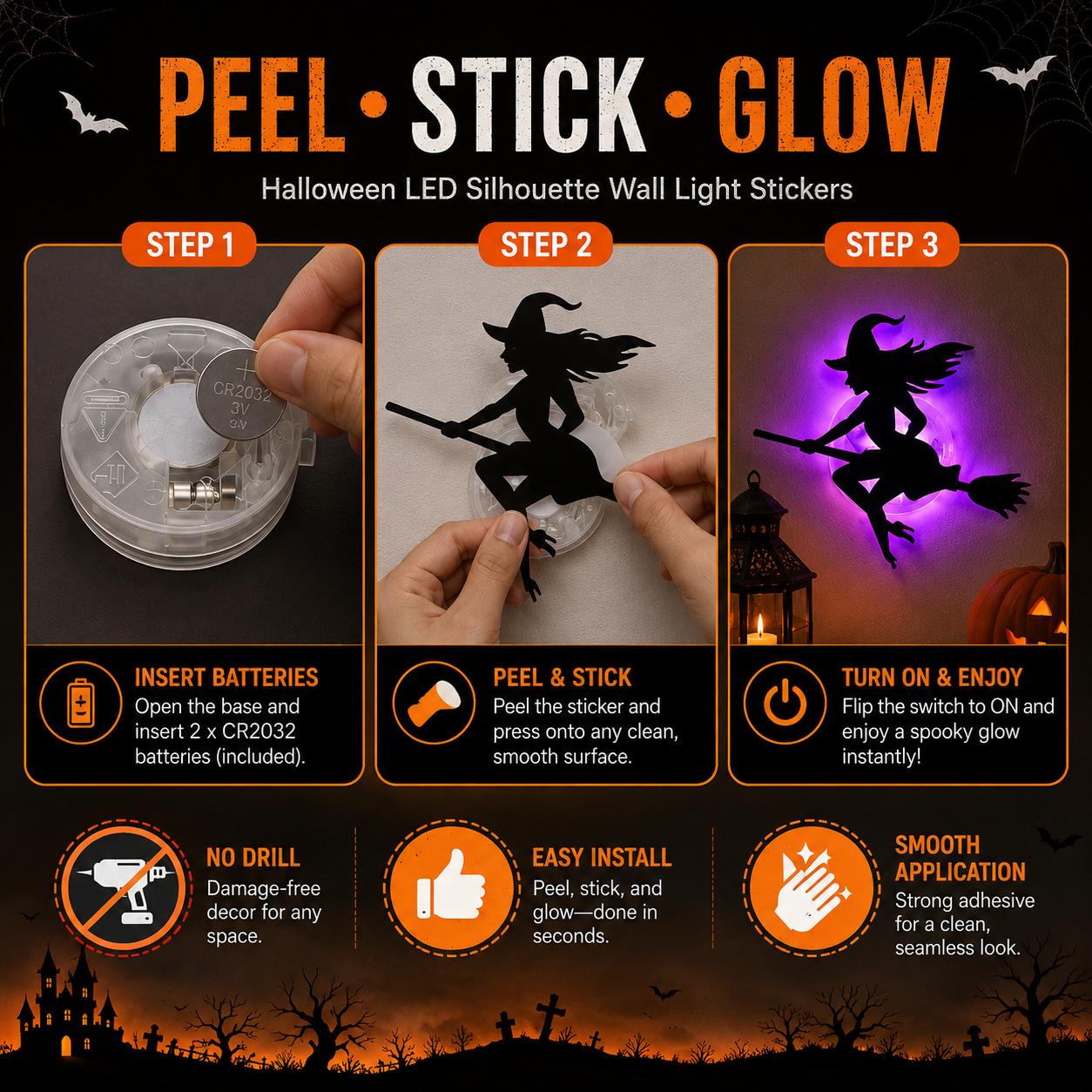 Halloween LED Silhouette Wall Light Stickers, Battery Powered Peel & Stick Decor Lights, No Drill PET Waterproof Wall Decor, Spooky Ghost Pumpkin Witch Bat Castle Spider Tree Ornaments for Home Window Door Party, 9/18/27 Pack Available Halloween LED Silhouette Wall Light Stickers, Battery Powered Peel & Stick Decor Lights, No Drill PET Waterproof Wall Decor, Spooky Ghost Pumpkin Witch Bat Castle Spider Tree Ornaments for Home Window Door Party, 9/18/27 Pack Available