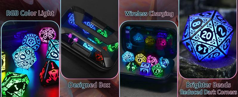 Dreamy Dice for Gamer: Rechargeable RGB Light-up DND Dice Set! Shake to Glow. With a stylish Dice Box & long battery life,Must-have Colorful Multi-Sized Dice Set for every tabletop RPG adventure.