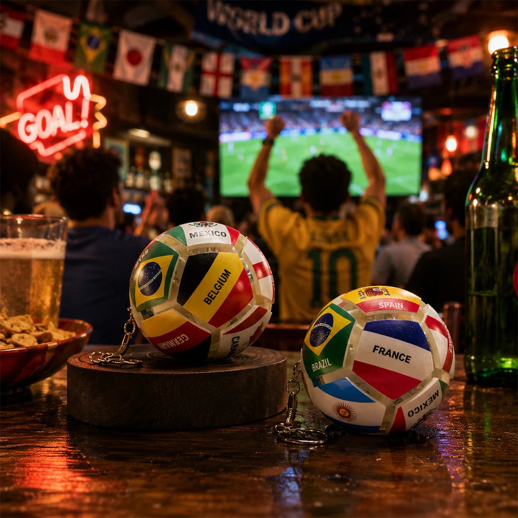 Football fan keychain on table