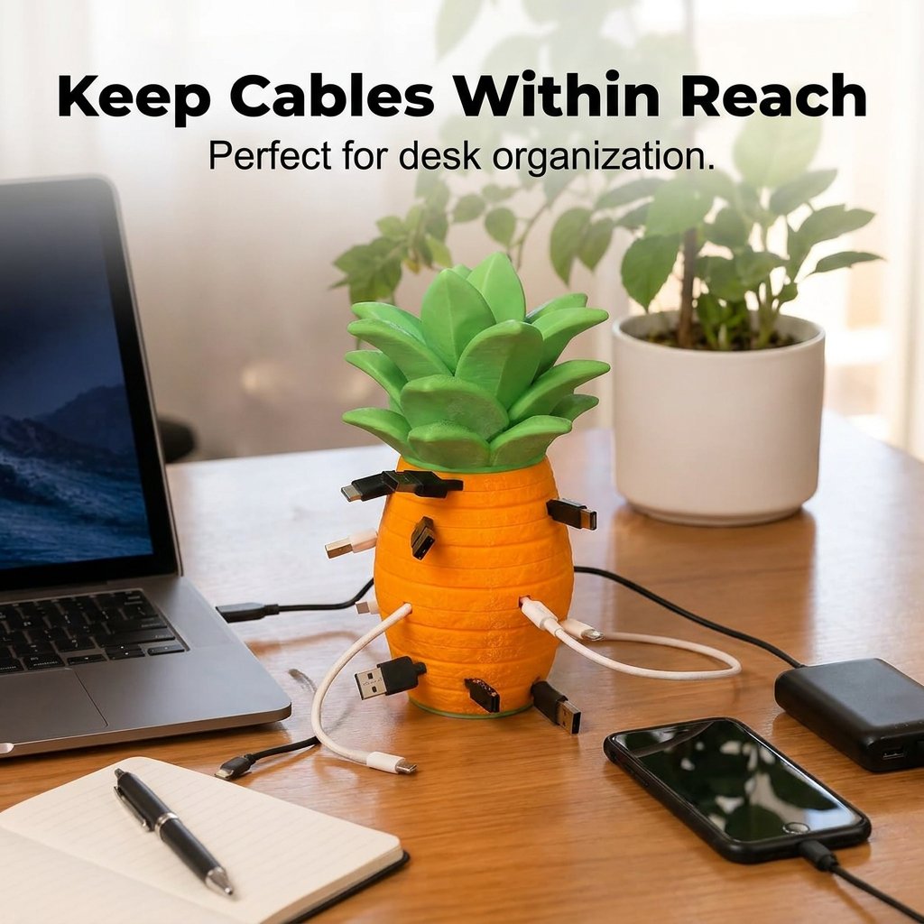Pineapple cable organizer on a modern desk