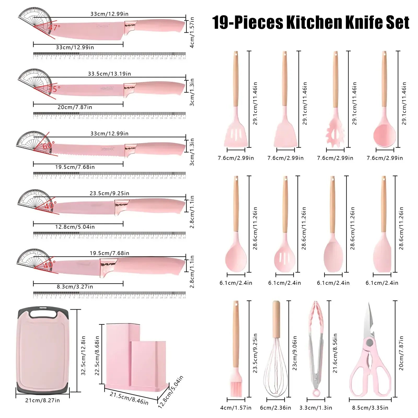 19 piece kitchen knife set size chart