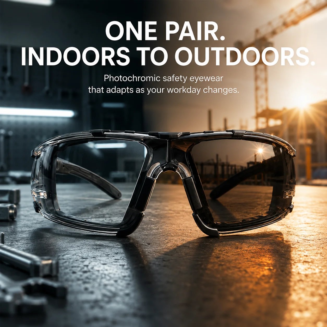 Photochromic safety glasses for indoor and outdoor work Photochromic safety glasses for indoor and outdoor work