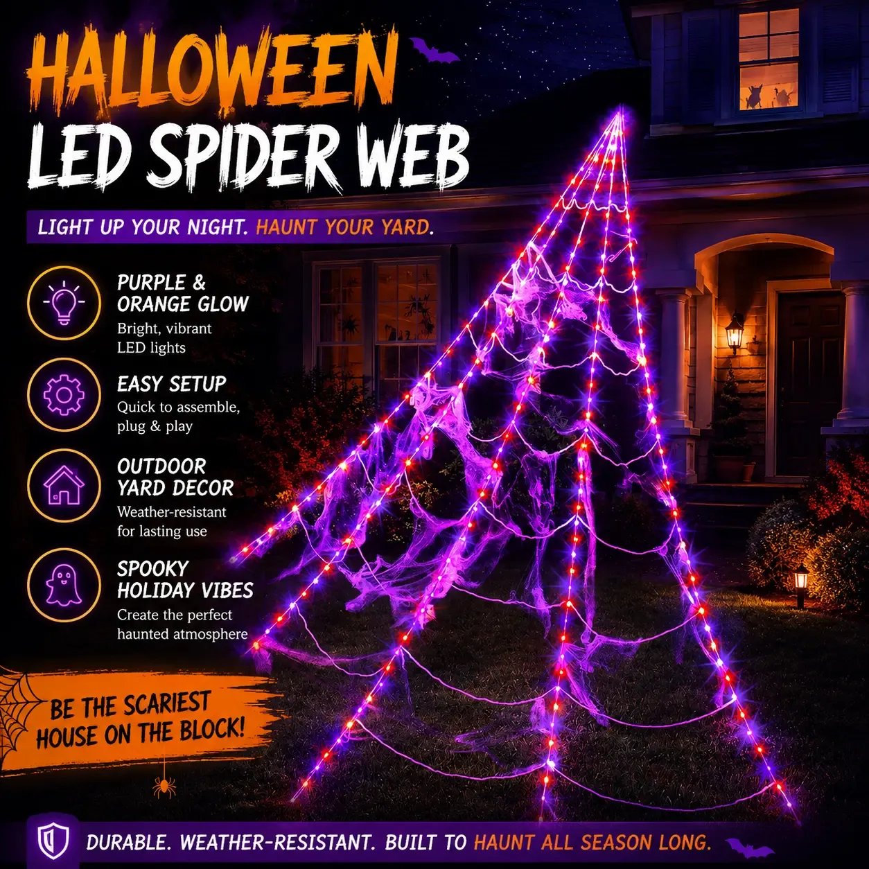 Oversized Halloween spider web LED light decoration