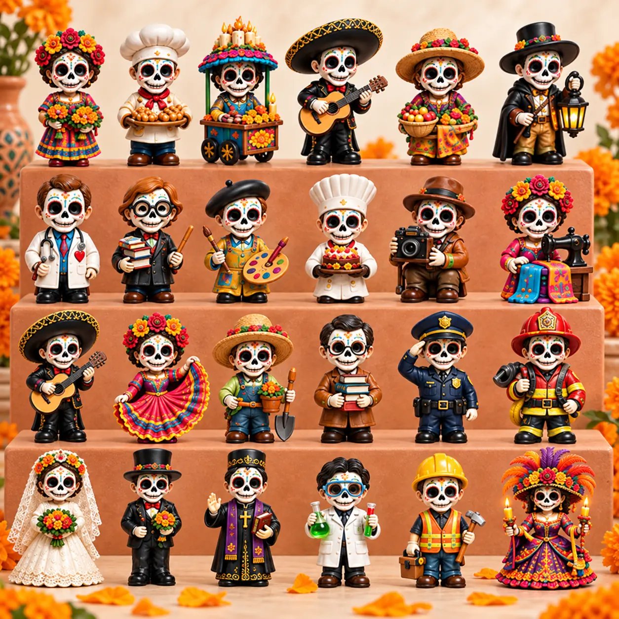 Twenty-four Día de Muertos collectible figures inspired by different professions