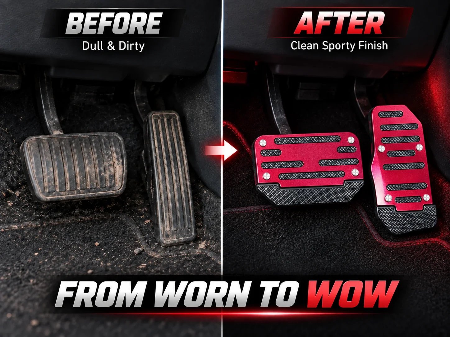 Before and after comparison of worn factory pedals and clean red sport pedal covers