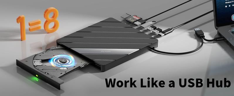 Alxum Laptop DVD Player USB C 3.0 Portable CD Burner with SD/TF Card Slot & 3 USB Ports Compatible with Mac, Windows, Linux