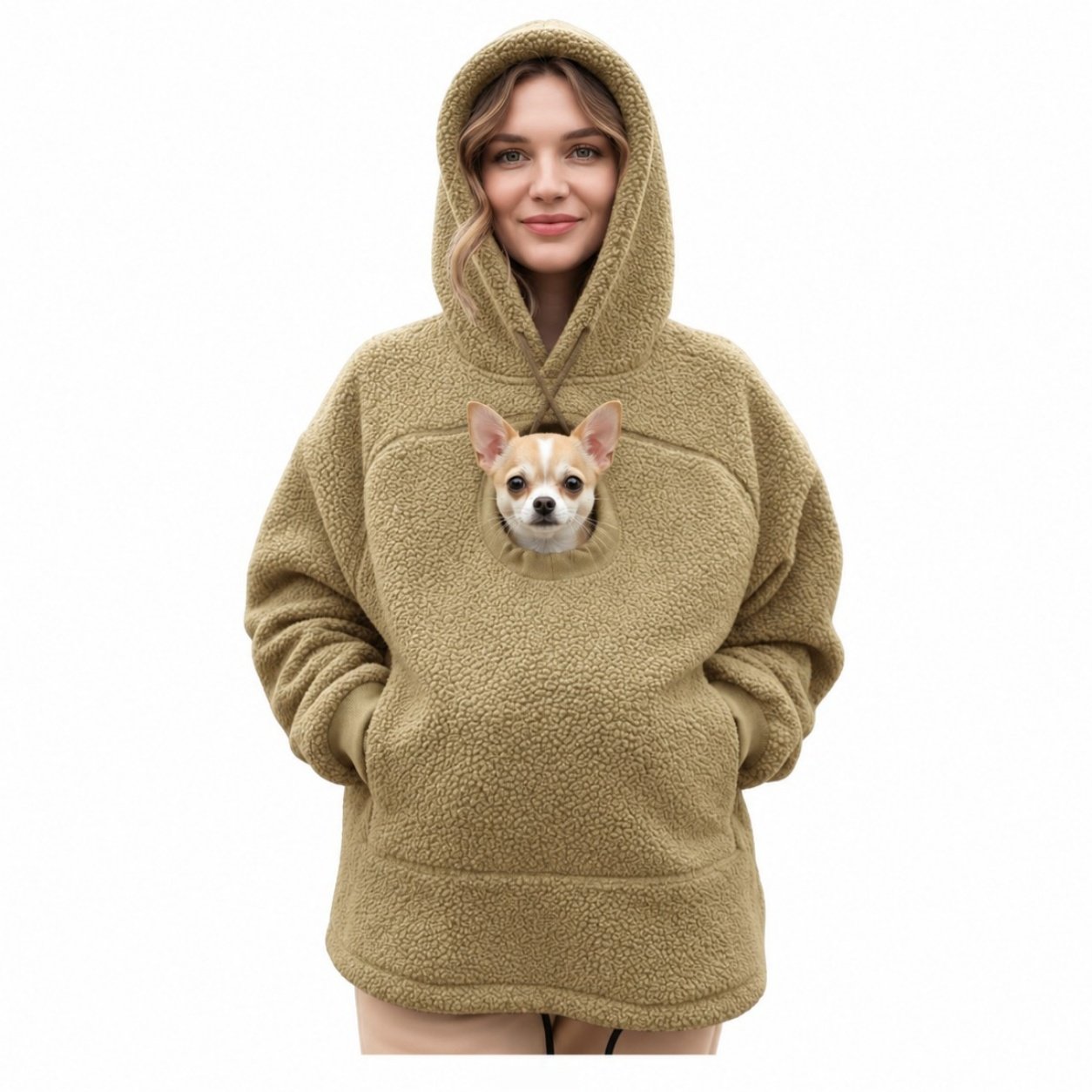 Oversized khaki fleece pet pouch hoodie worn loose over the body