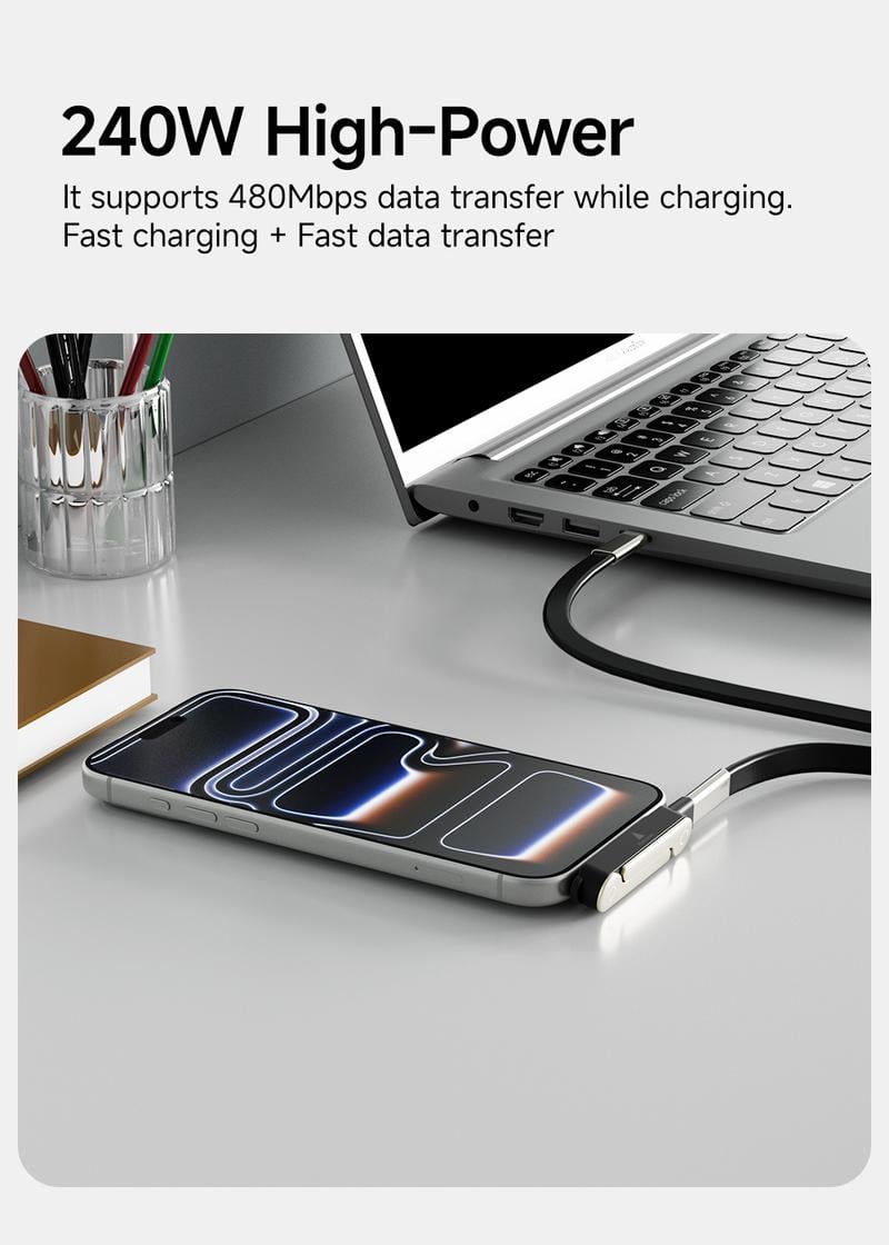 Basemo 240W Super Fast Charging  360° Rotating Invisible Stand Detachable Two-in-One Charging Cable, Zinc Alloy Silicone Type-C Cable compatible with Apple and Samsung, essential for gaming, office, and car use | Bestselling cutting-edge technology.