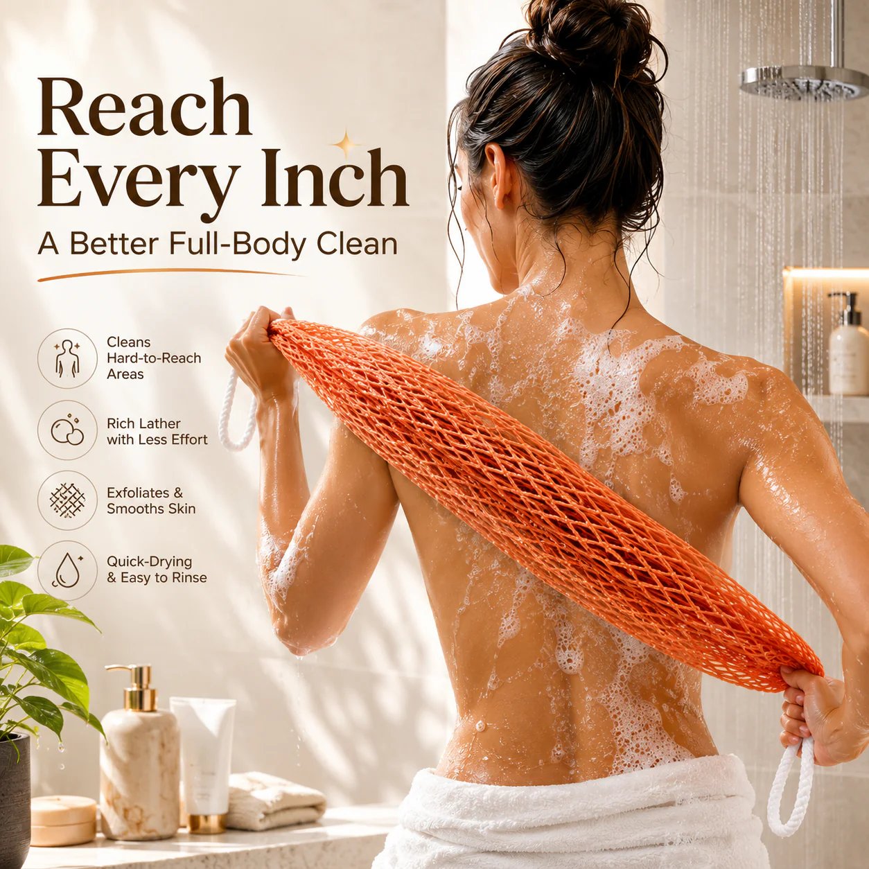 Long orange exfoliating bath net used across the back