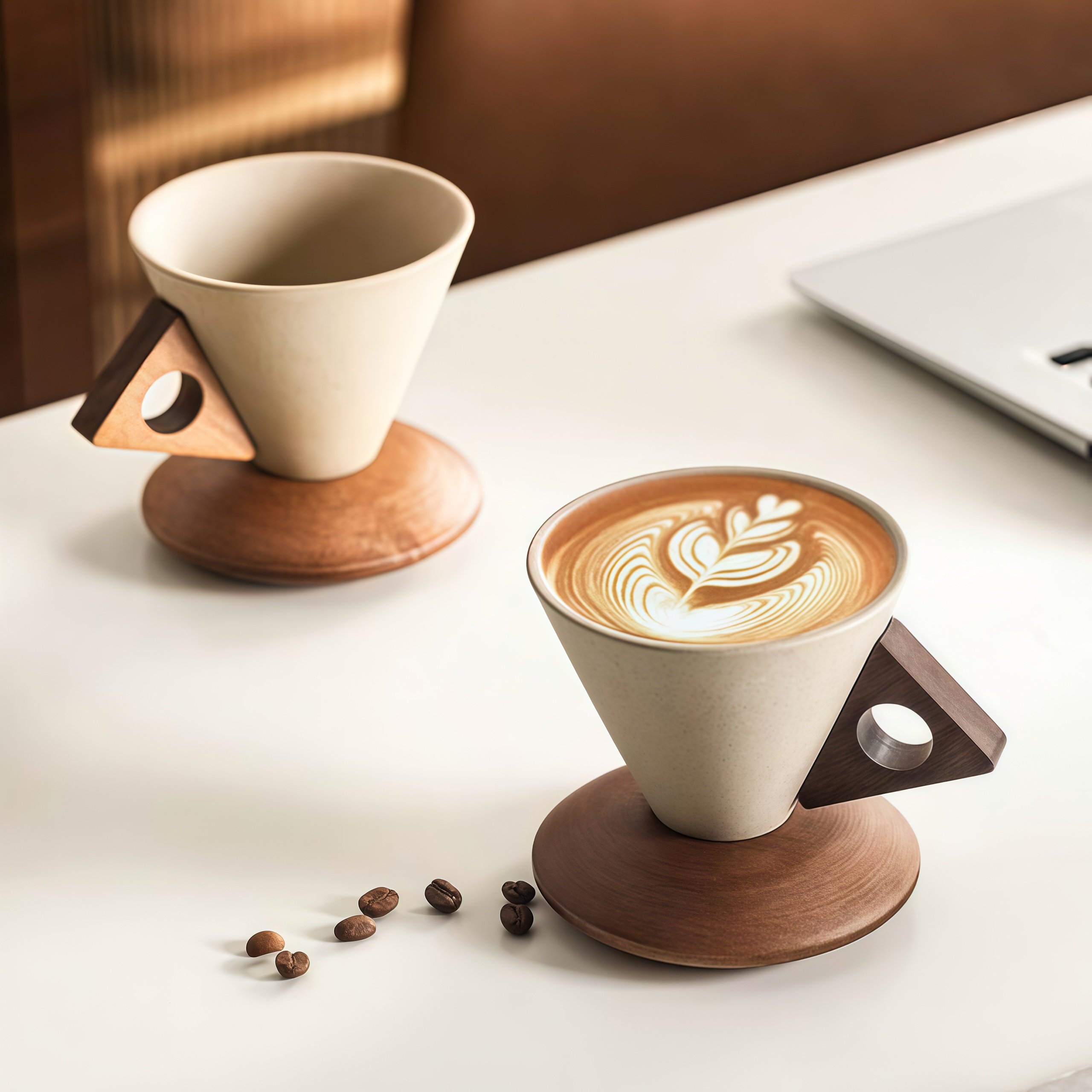 Conical ceramic coffee cup with wooden base
