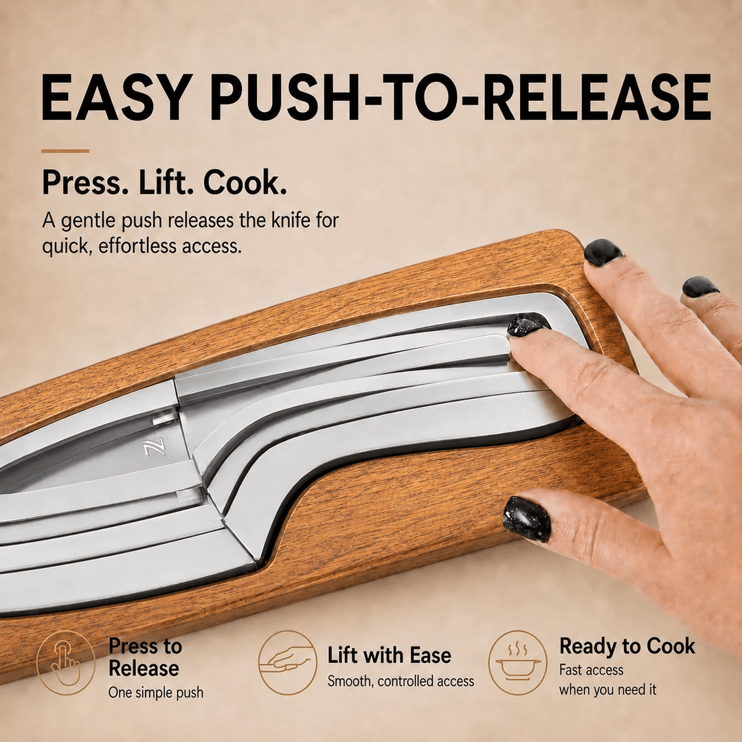 Push to release magnetic nesting kitchen knife system