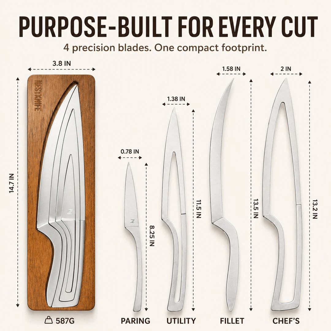 Kitchen knife set sizes and nesting block dimensions