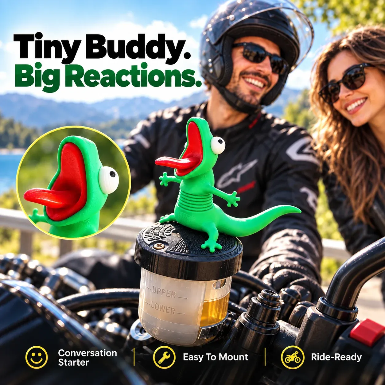 Lizard RIDEBUDDY adding personality to a motorcycle setup