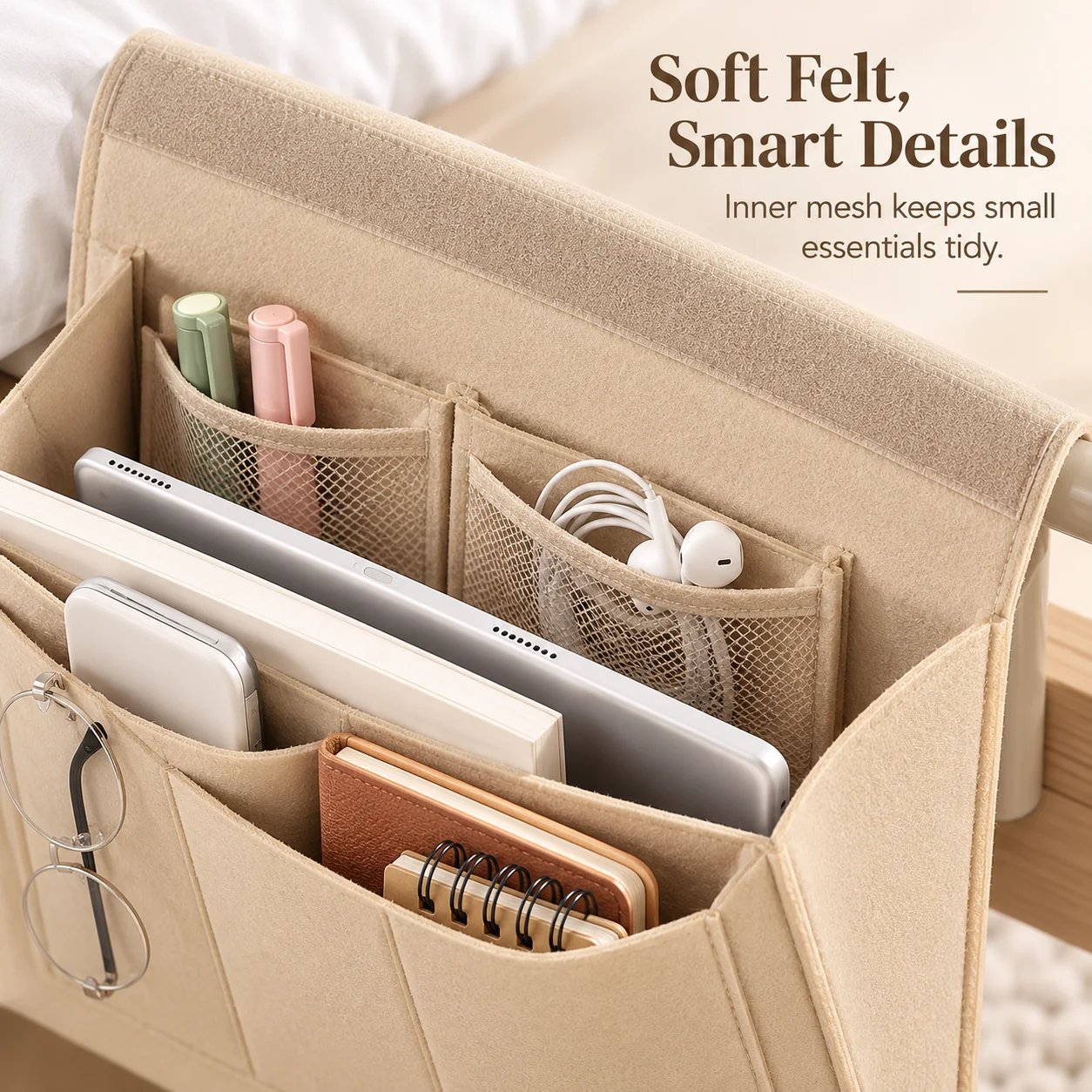 Bedside pocket caddy hanging beside bed rail holding magazines and water bottle