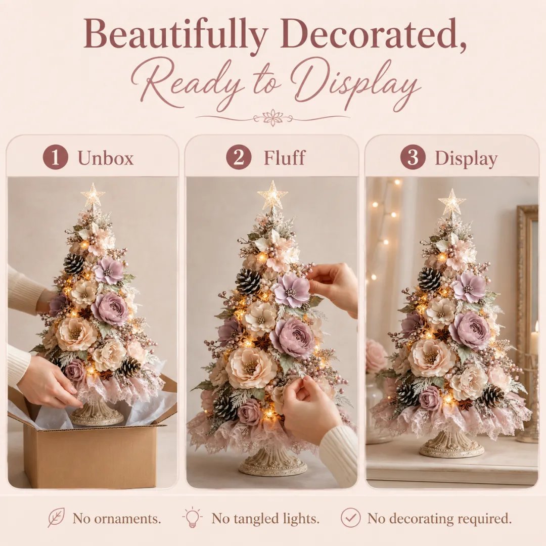 Cordless floral tree glowing at the center of a Christmas dining table